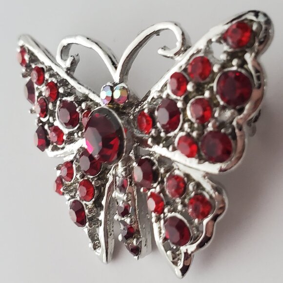 Small Silver & Red Stones Butterfly Brooch Iridescence Cute Nature Feminine - Picture 2 of 5
